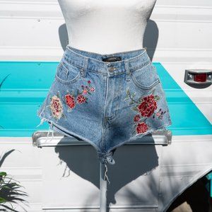 Denim Shorts with Embroidered Rose